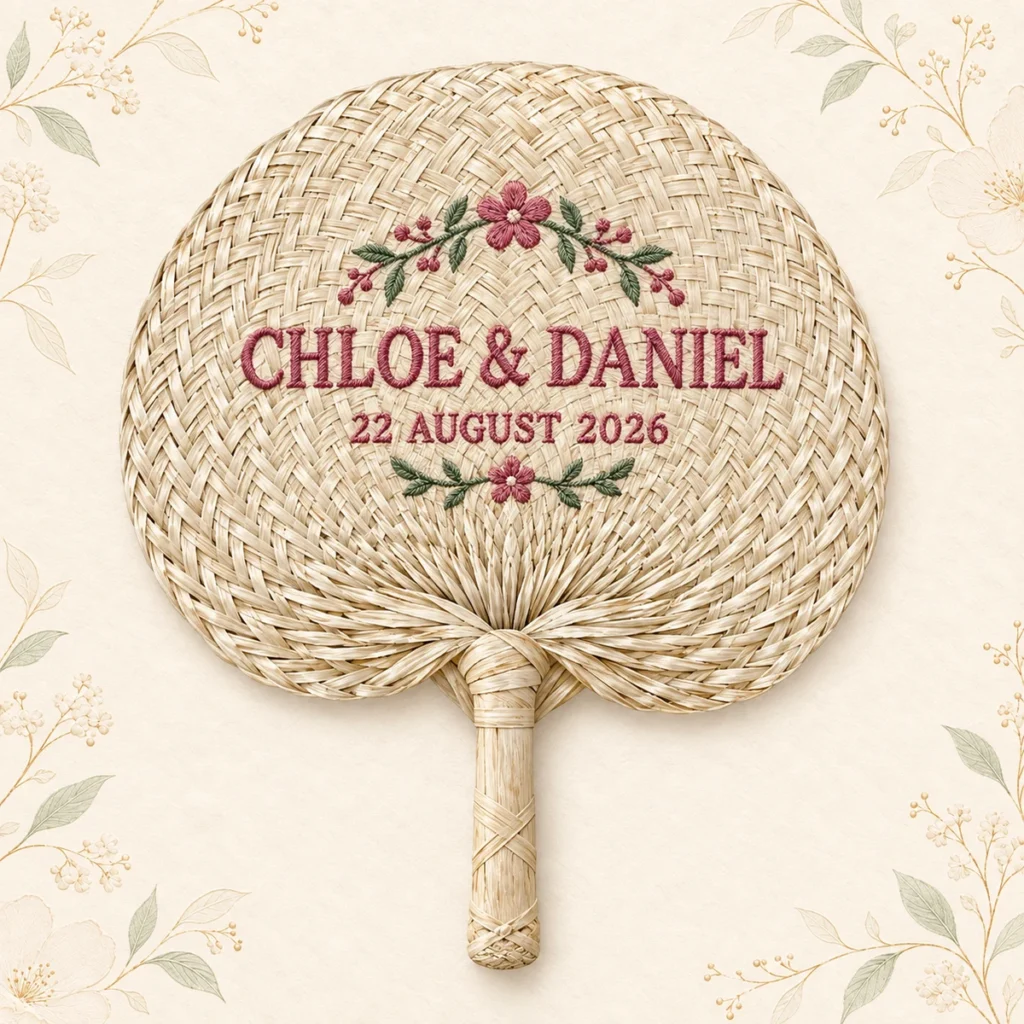 Straw wedding hand fan with rose bow embroidery