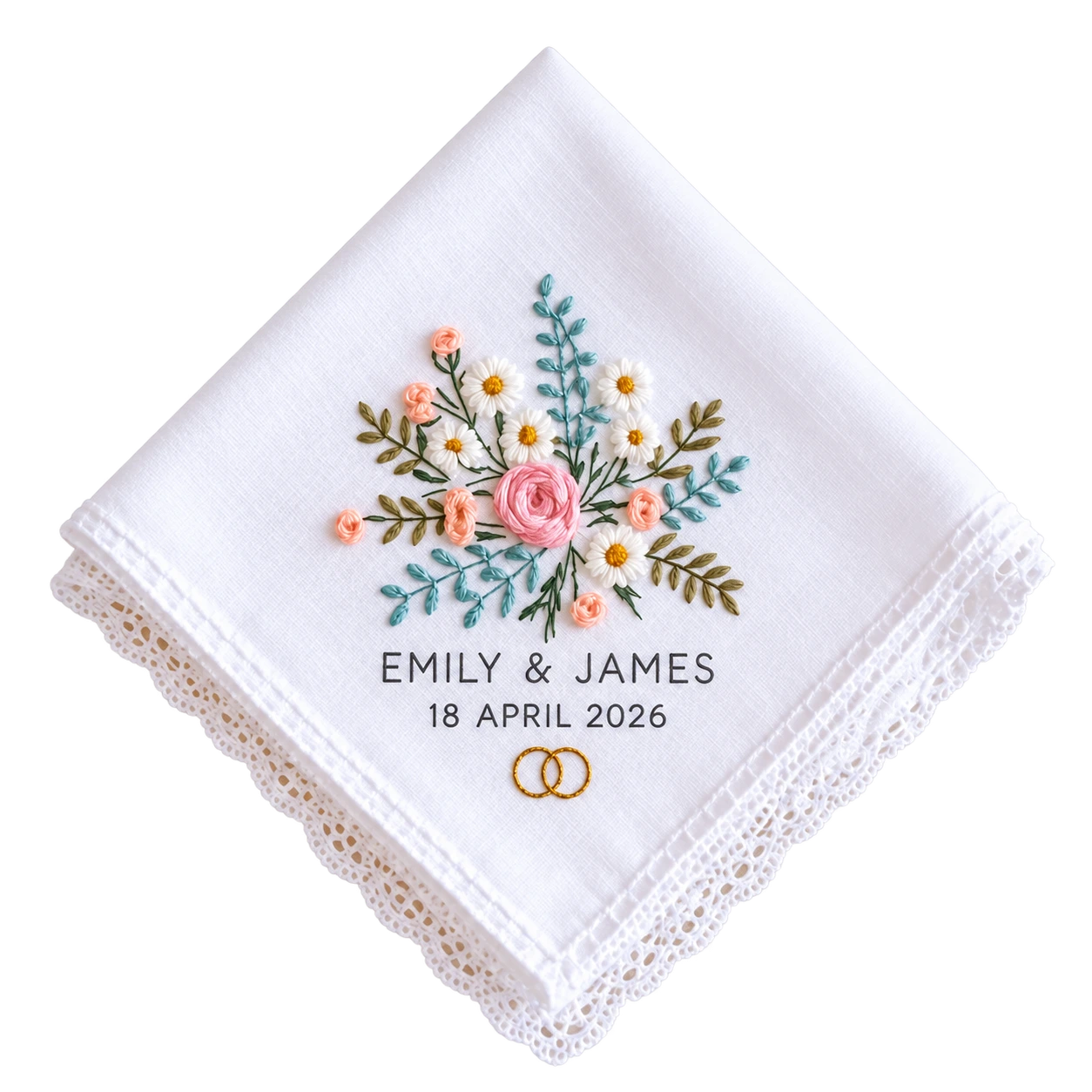Personalized embroidered wedding handkerchief for Emily and James dated 18 April 2026