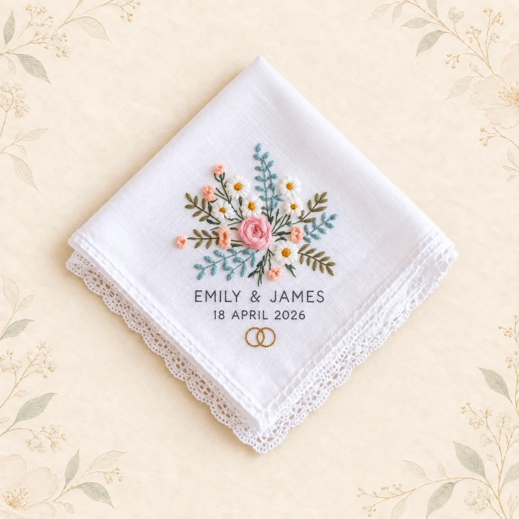 Personalized embroidered wedding handkerchief for Emily and James dated 18 April 2026