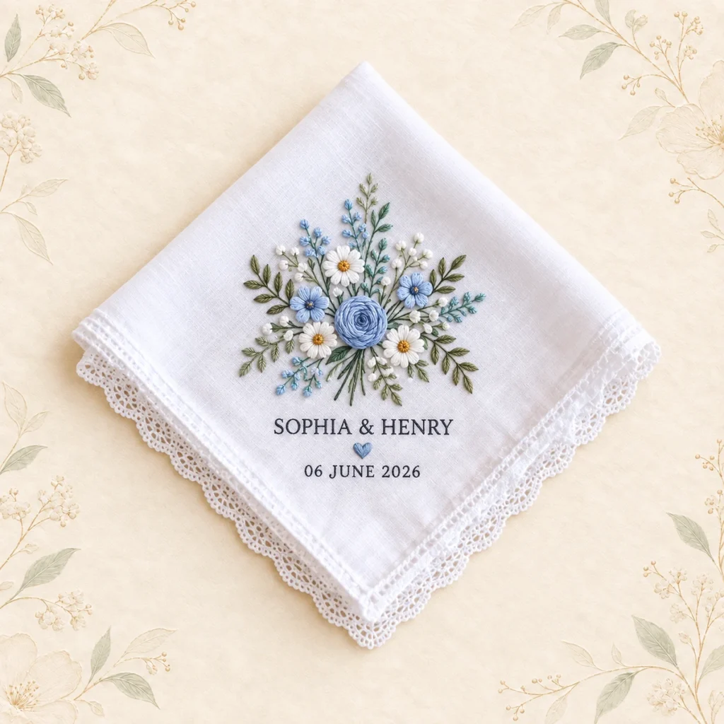 Blue floral wedding handkerchief for Sophia and Henry dated 6 June 2026