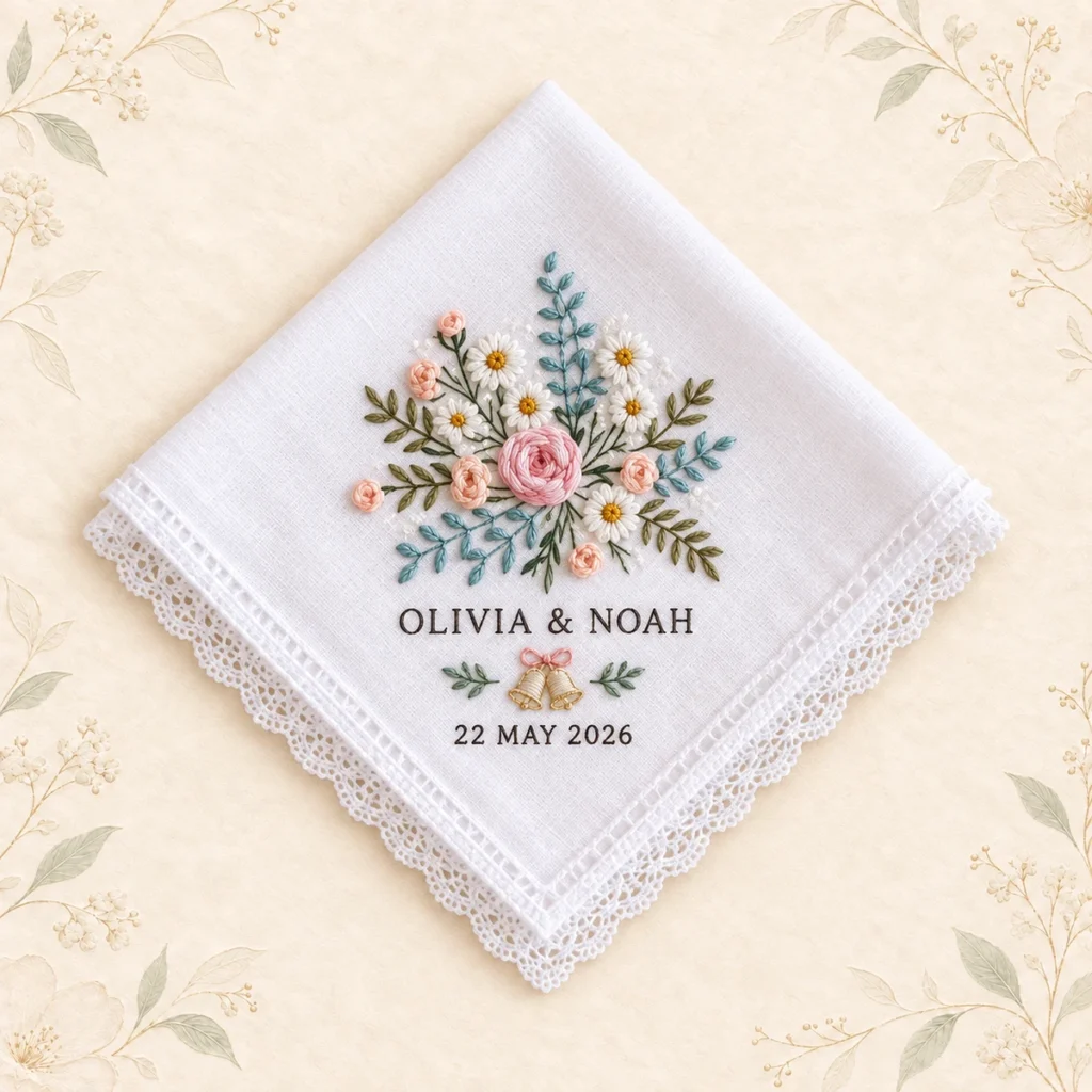 Blush rose wedding handkerchief for Olivia and Noah dated 22 May 2026