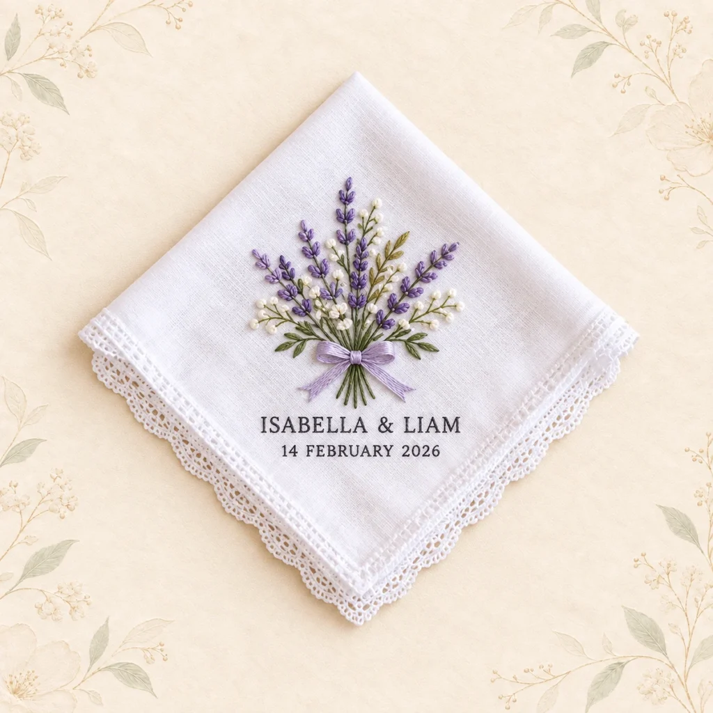 Lavender embroidered handkerchief for Isabella and Liam dated 14 February 2026