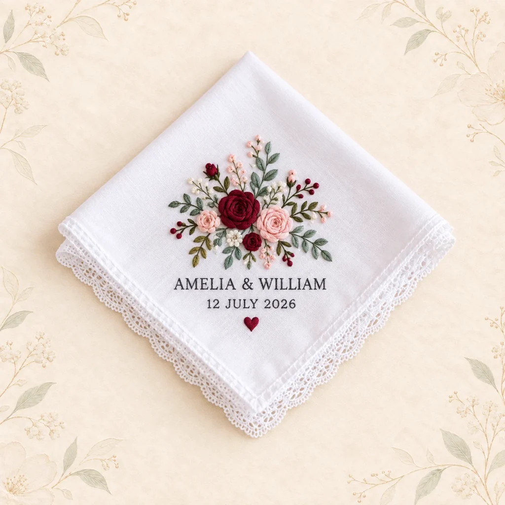 Burgundy rose handkerchief for Amelia and William dated 12 July 2026