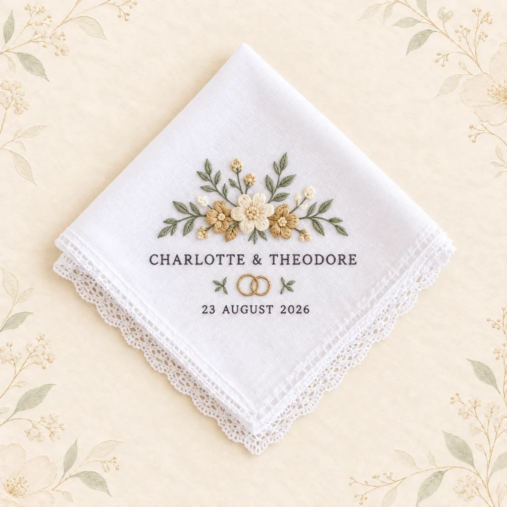 Sage and gold handkerchief for Charlotte and Theodore dated 23 August 2026