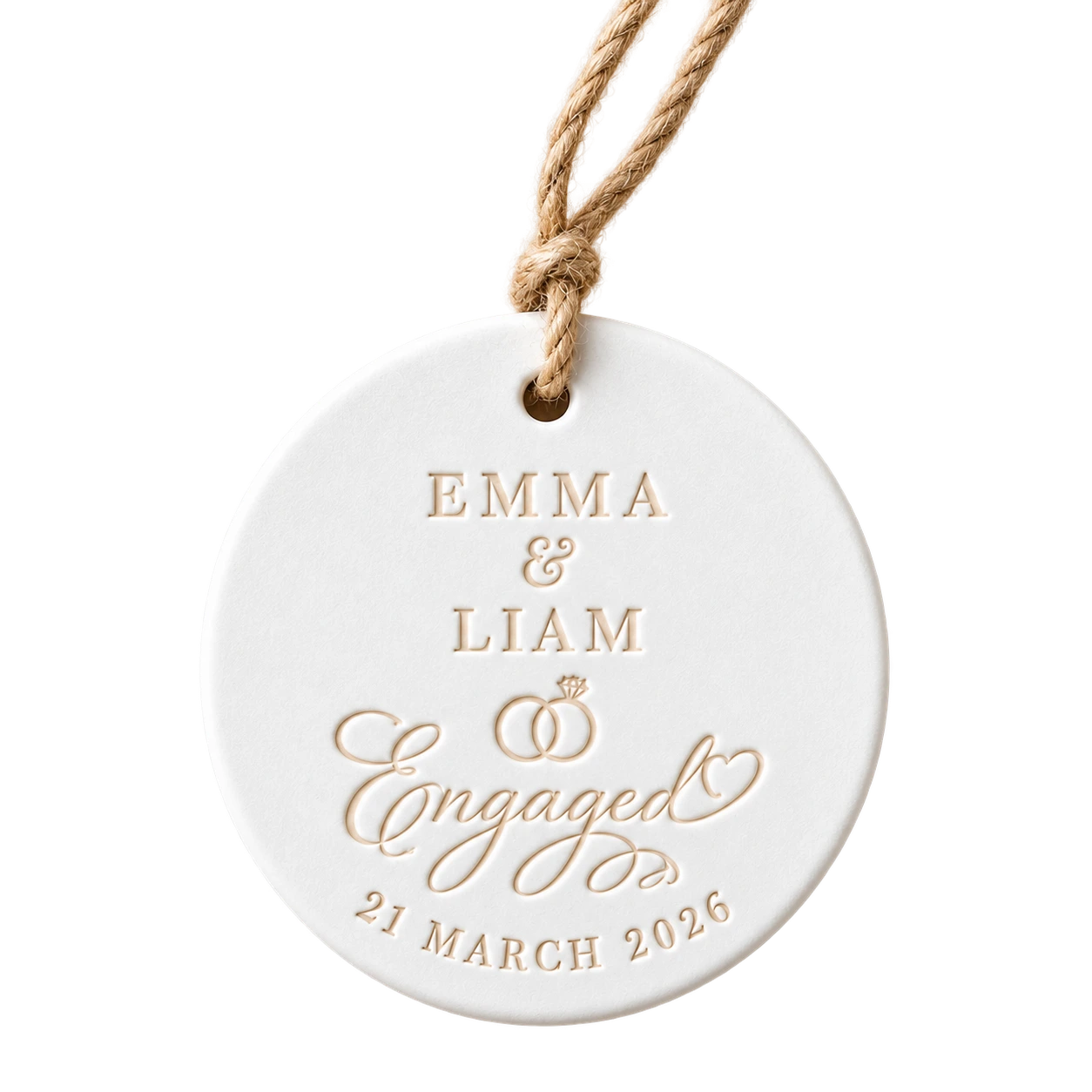 Ceramic engagement ornament for Emma and Liam dated 21 March 2026