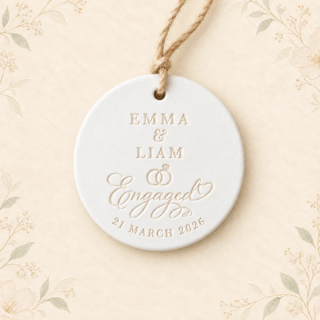 Ceramic engagement ornament for Emma and Liam dated 21 March 2026