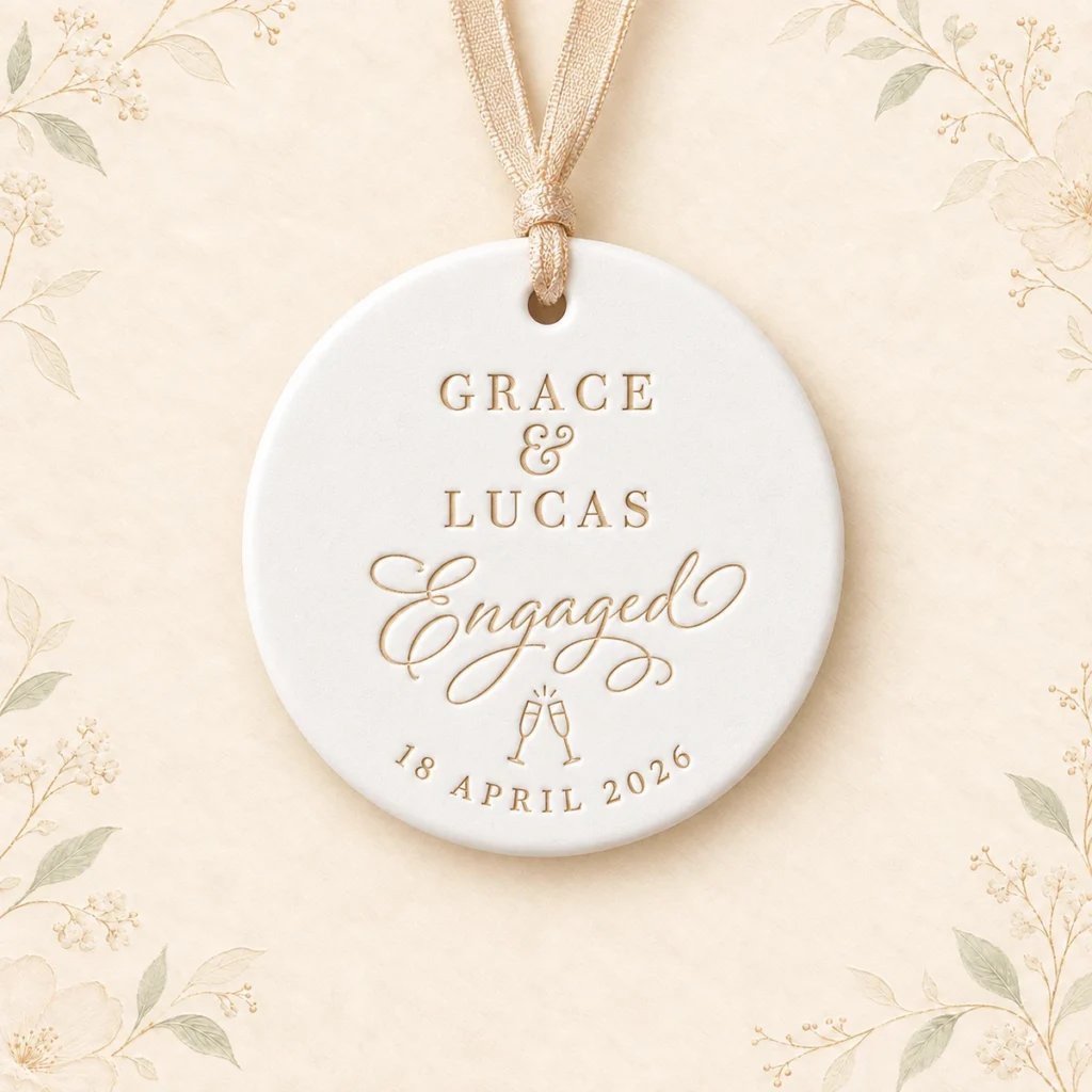 Ceramic engagement ornament for Grace and Lucas dated 18 April 2026