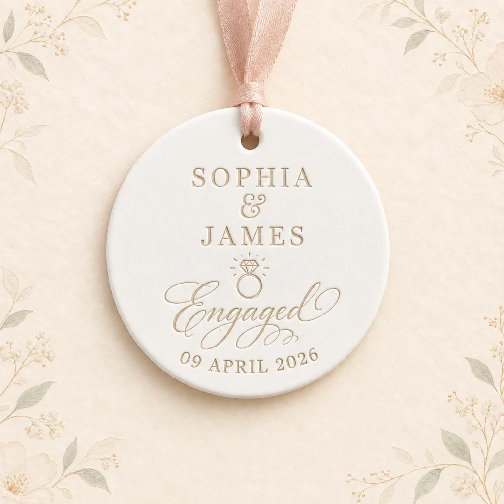 Ceramic engagement ornament for Sophia and James dated 9 April 2026