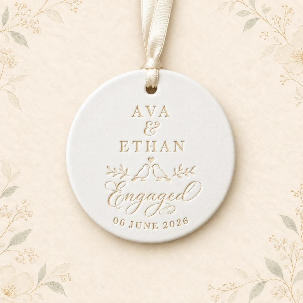 Ceramic engagement ornament for Ava and Ethan dated 6 June 2026