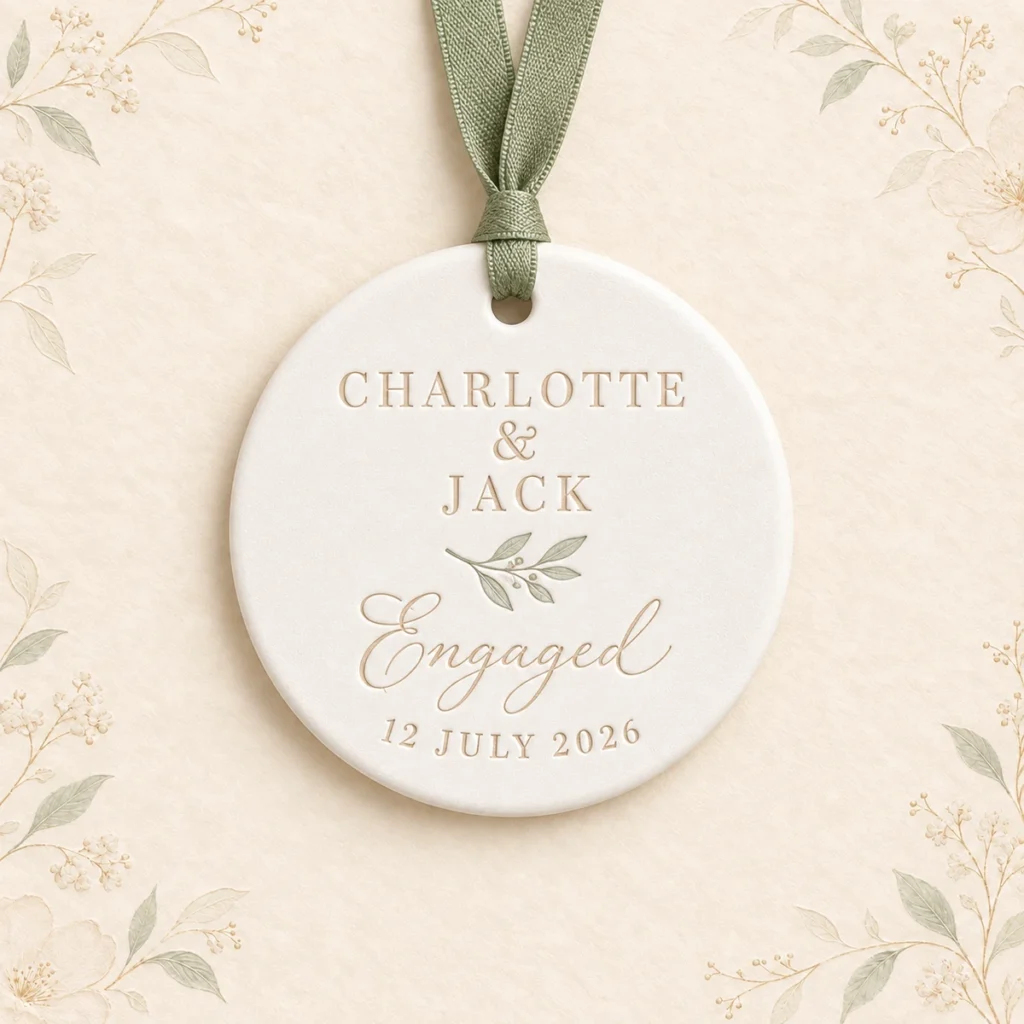 Ceramic engagement ornament for Charlotte and Jack dated 12 July 2026