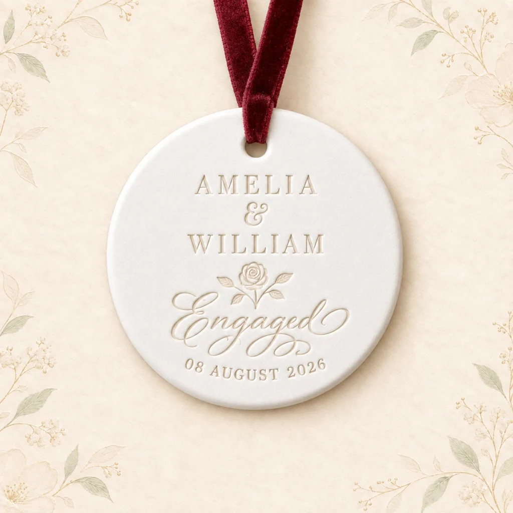 Ceramic engagement ornament for Amelia and William dated 8 August 2026