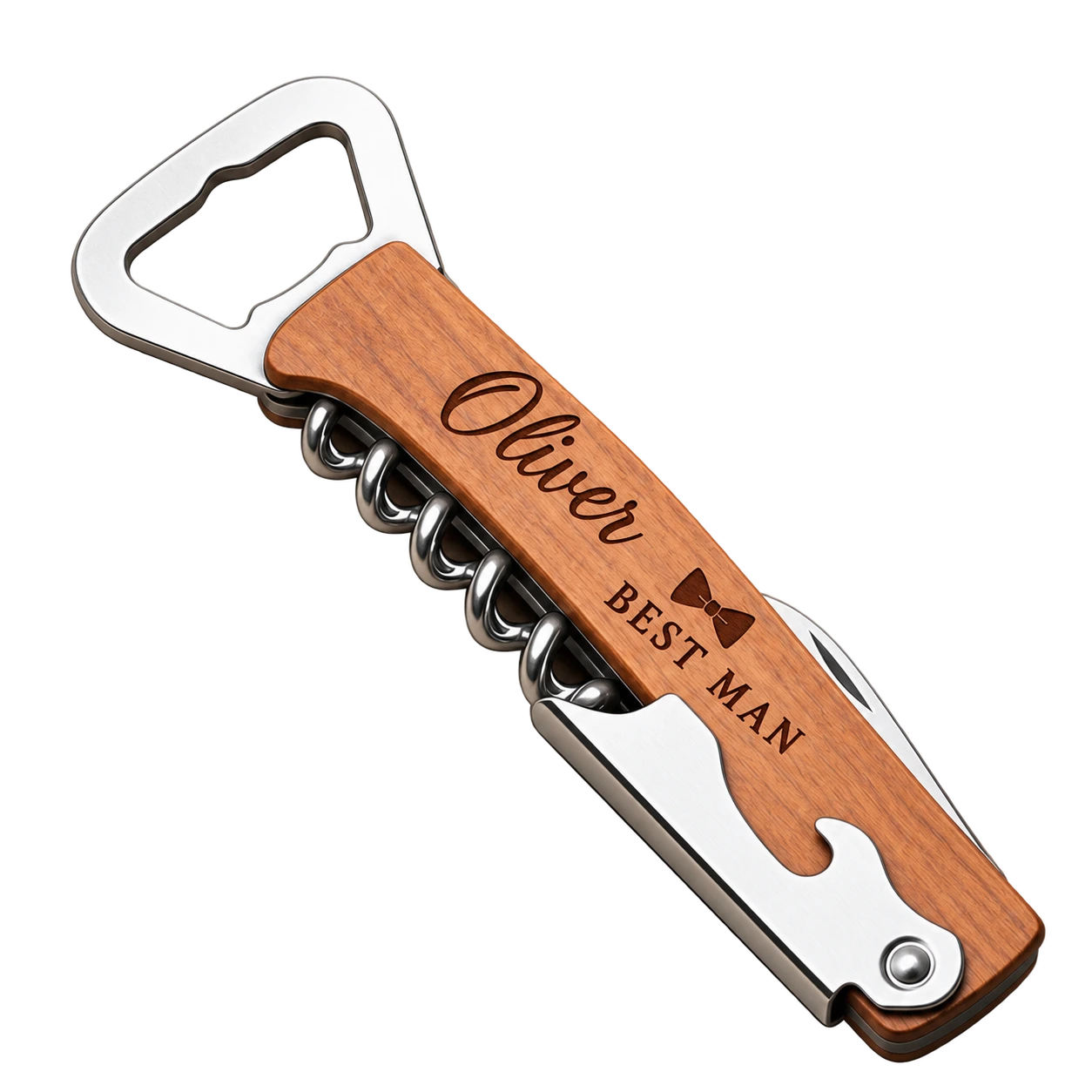 Wooden multifunction bottle opener engraved Oliver Best Man