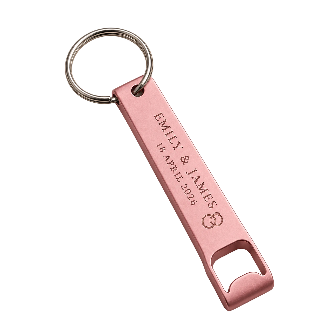 Blush metal opener keychain for Emily and James dated 18 April 2026