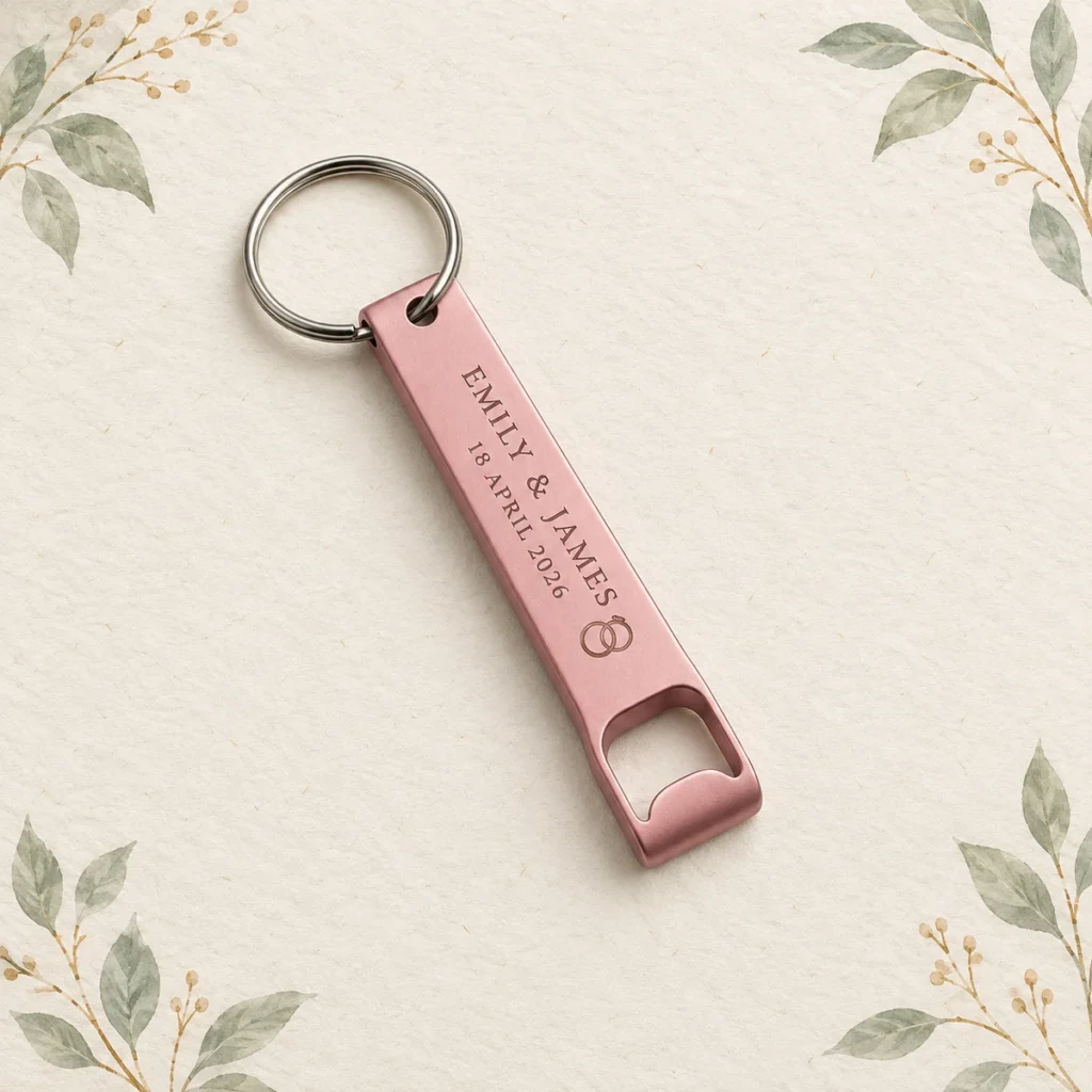 Blush metal opener keychain for Emily and James dated 18 April 2026