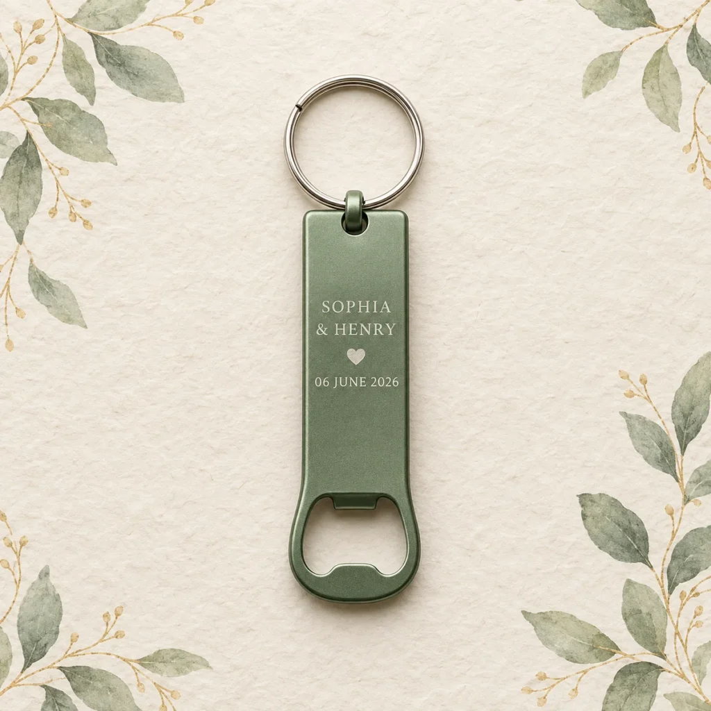 Sage metal opener keychain for Sophia and Henry dated 6 June 2026