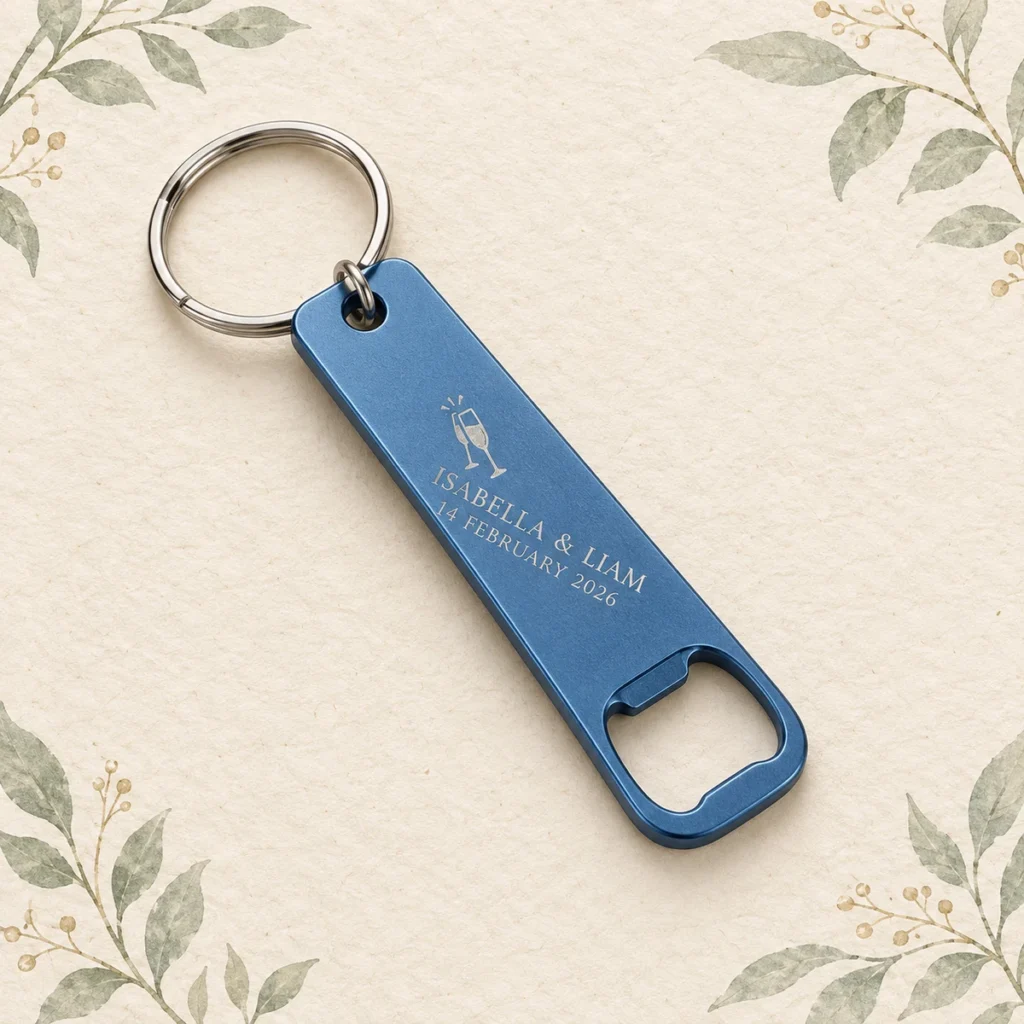 Blue metal opener keychain for Isabella and Liam dated 14 February 2026