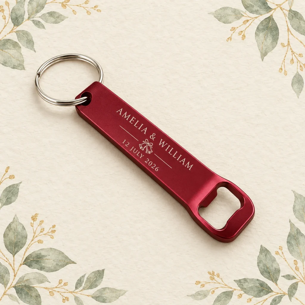 Burgundy metal opener keychain for Amelia and William dated 12 July 2026