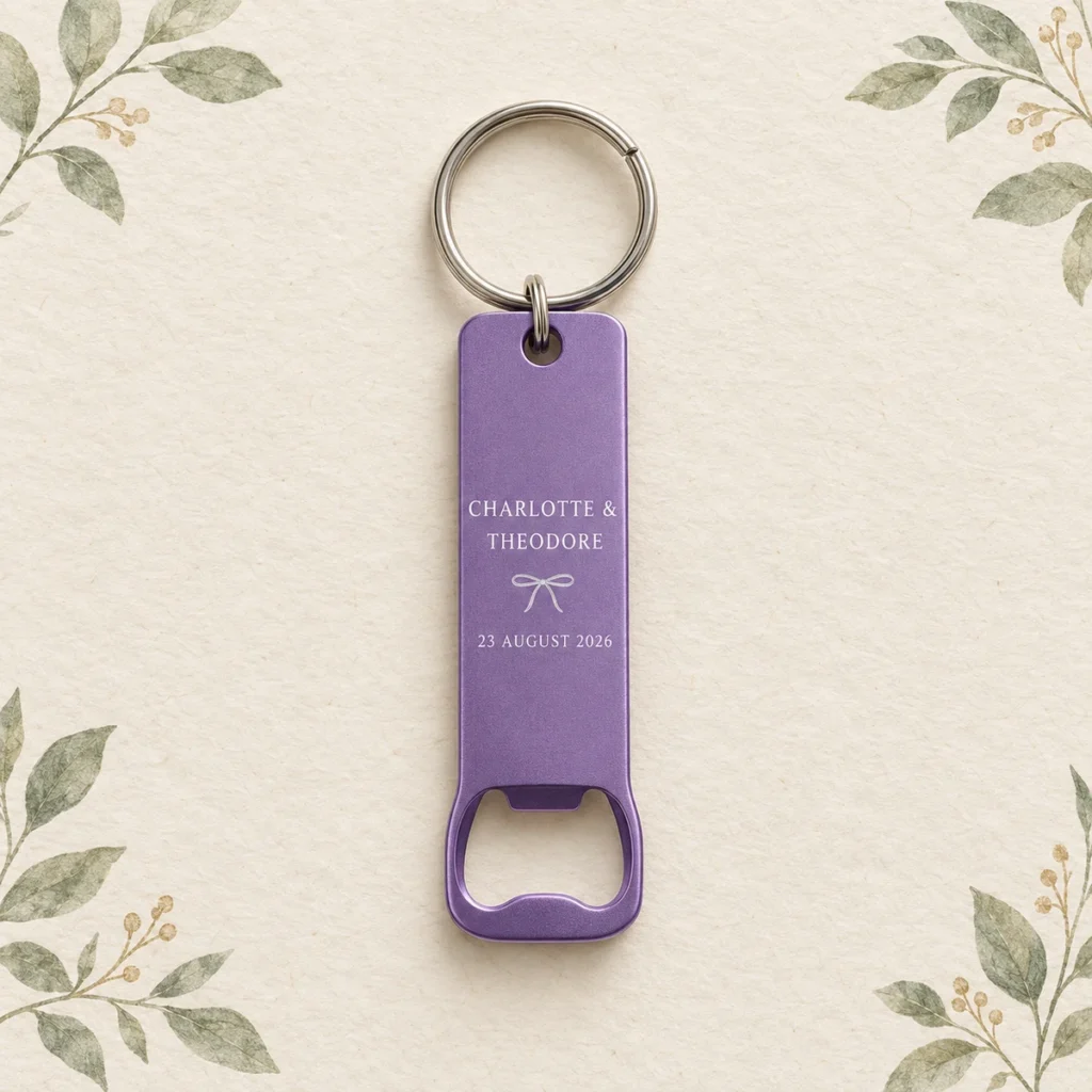 Lavender metal opener keychain for Charlotte and Theodore dated 23 August 2026