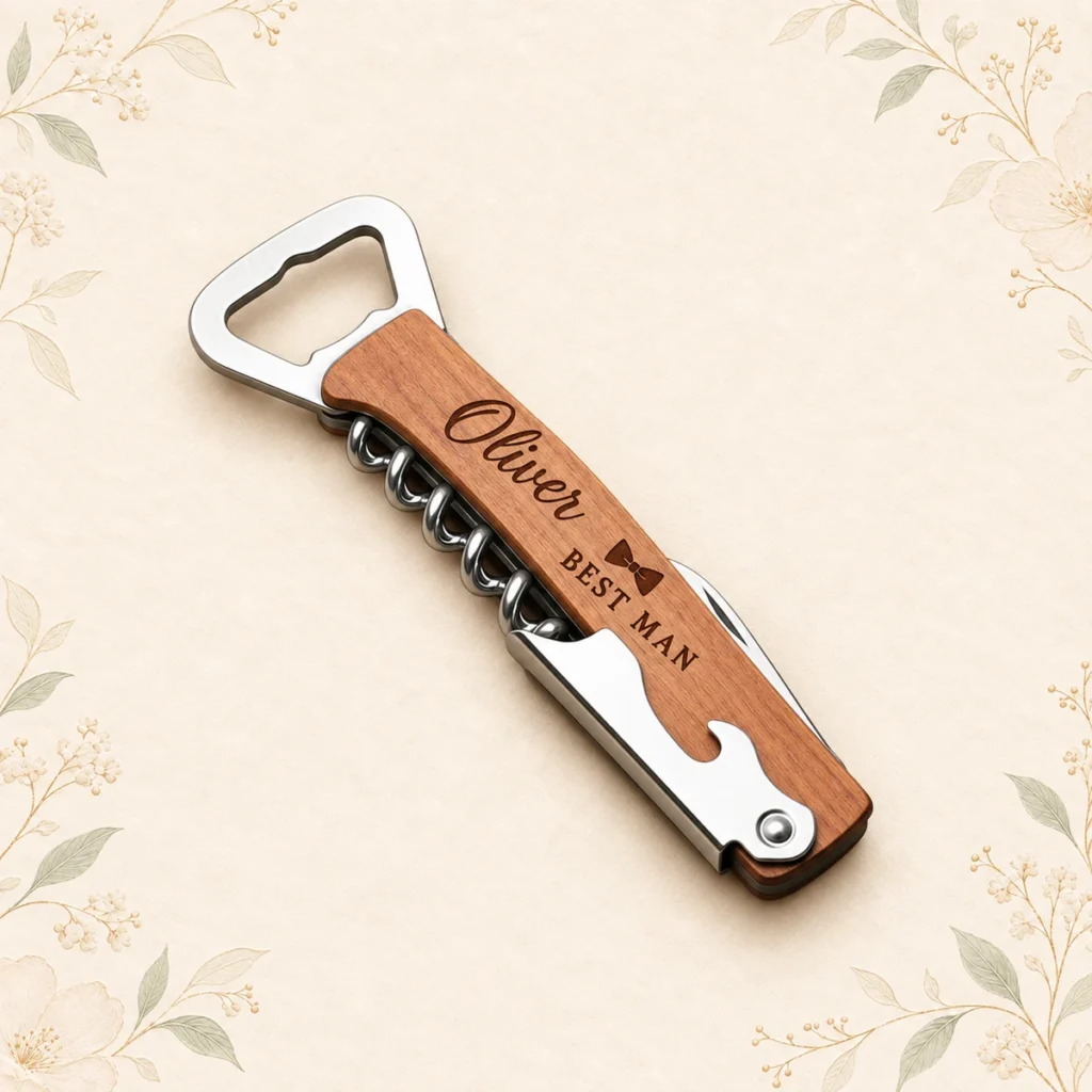 Wooden multifunction bottle opener engraved Oliver Best Man
