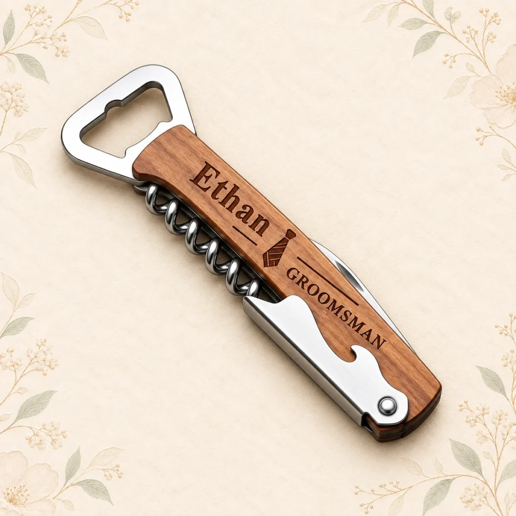 Wooden multifunction bottle opener engraved Ethan Groomsman