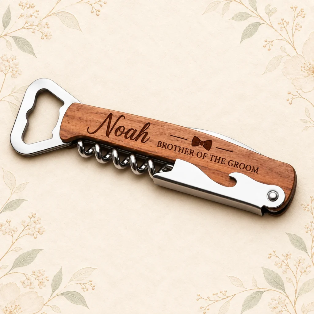 Wooden multifunction bottle opener engraved Noah Brother of the Groom