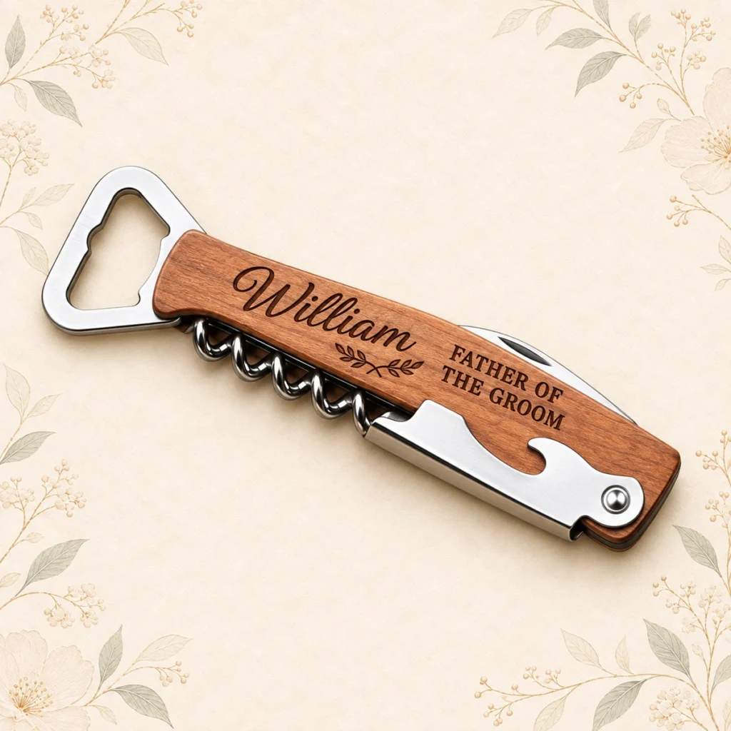 Wooden multifunction bottle opener engraved William Father of the Groom