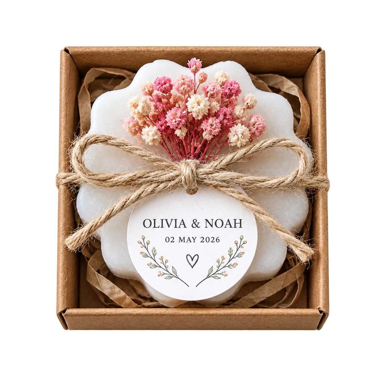 Blush floral soap for Olivia and Noah dated 2 May 2026