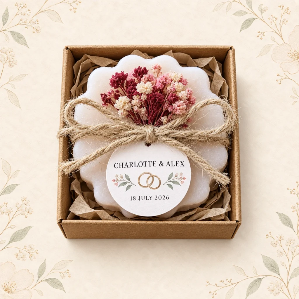 Burgundy floral soap for Charlotte and Alex dated 18 July 2026