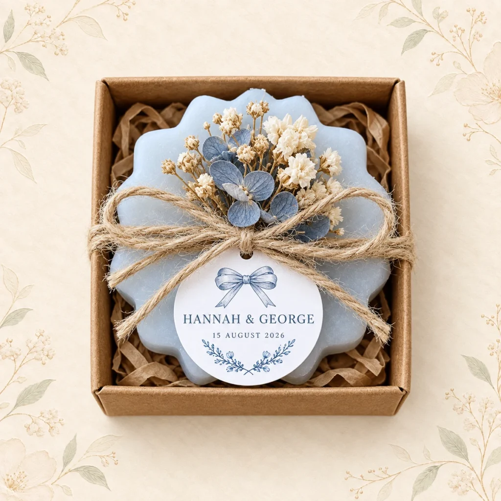 Blue floral soap for Hannah and George dated 15 August 2026
