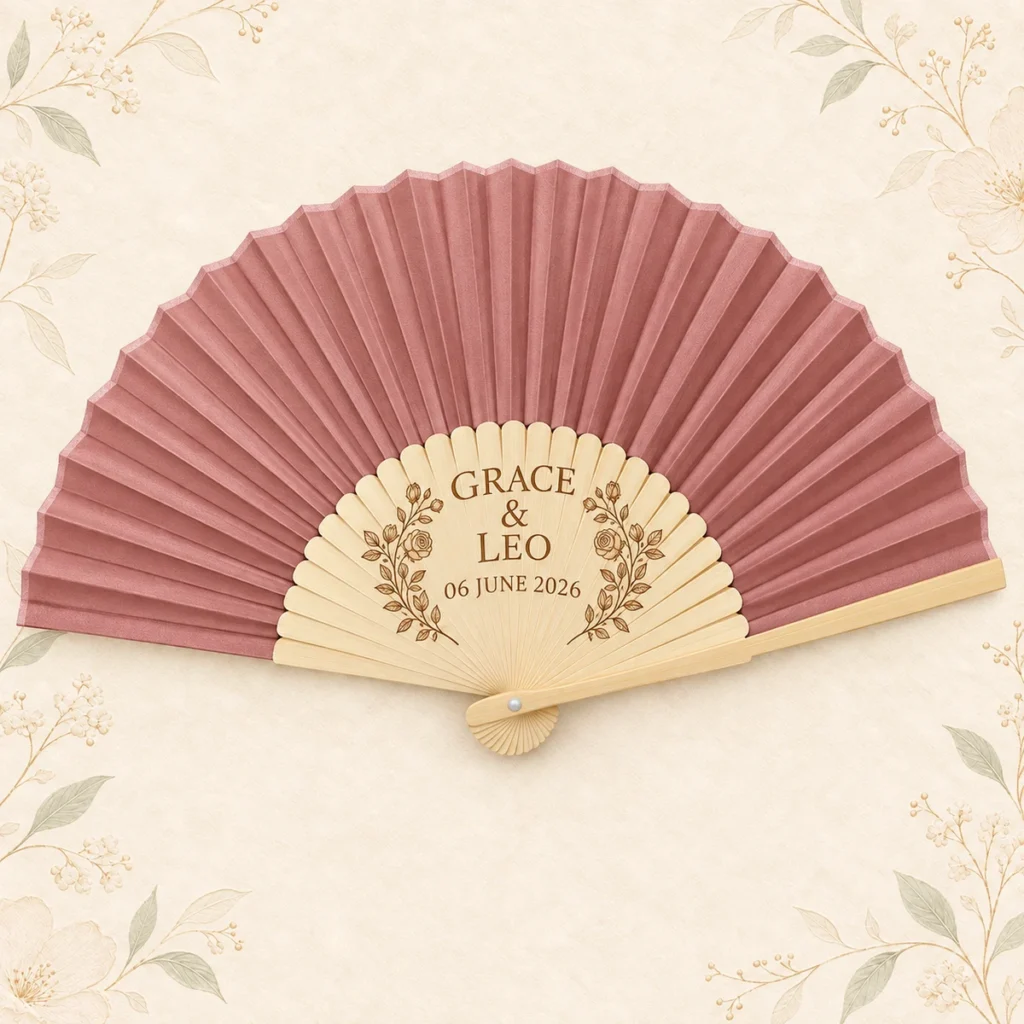 Dusty rose folding fan for Grace and Leo dated 6 June 2026