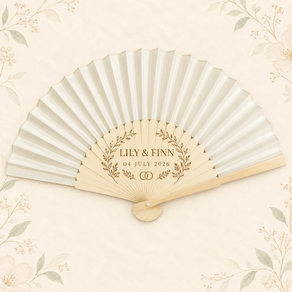 Ivory folding fan for Lily and Finn dated 4 July 2026