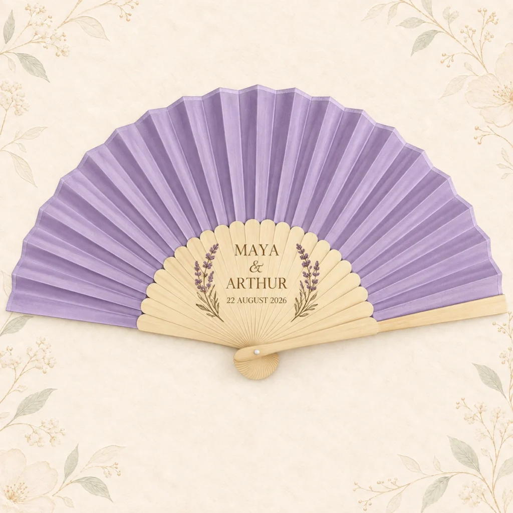 Lavender folding fan for Maya and Arthur dated 22 August 2026