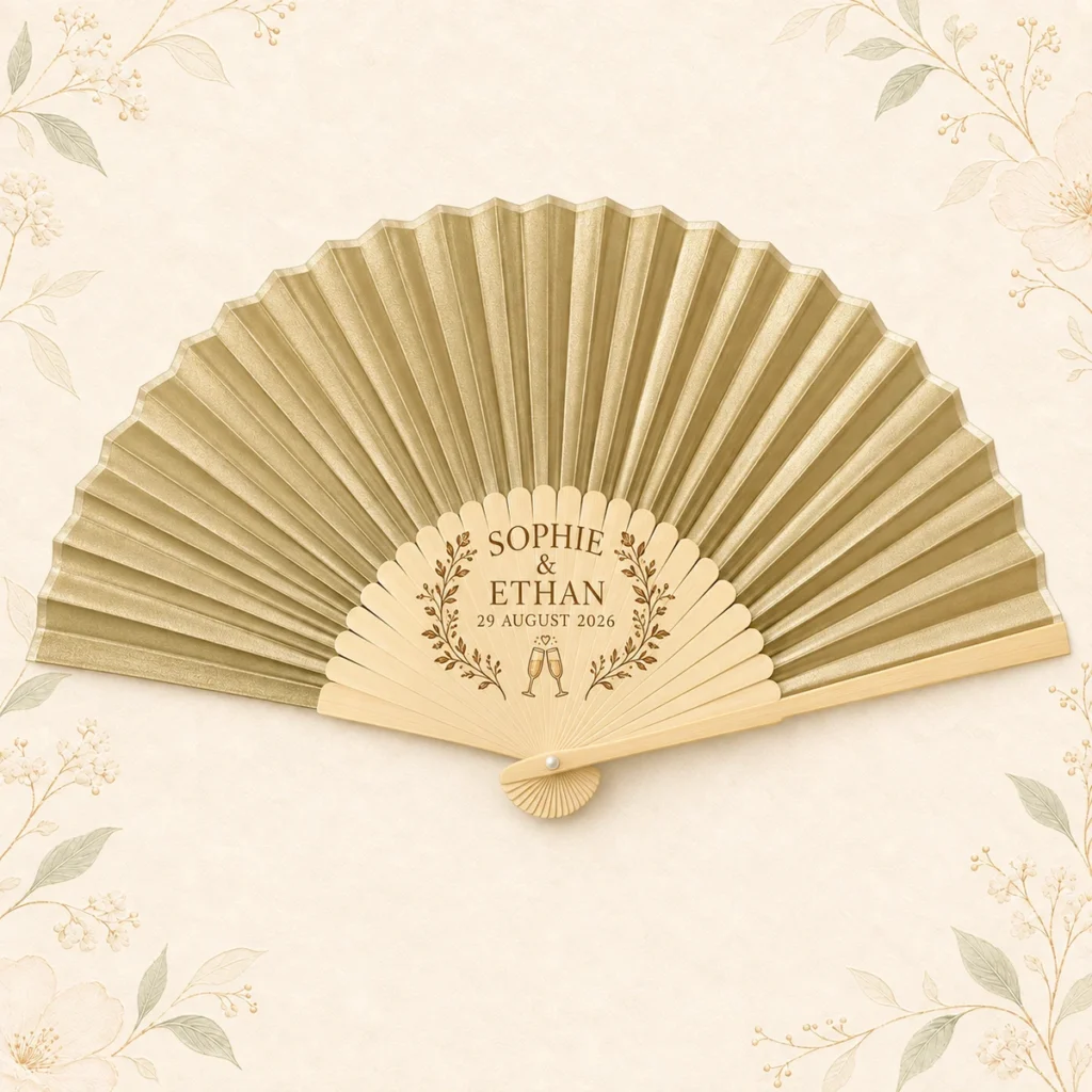 Champagne folding fan for Sophie and Ethan dated 29 August 2026