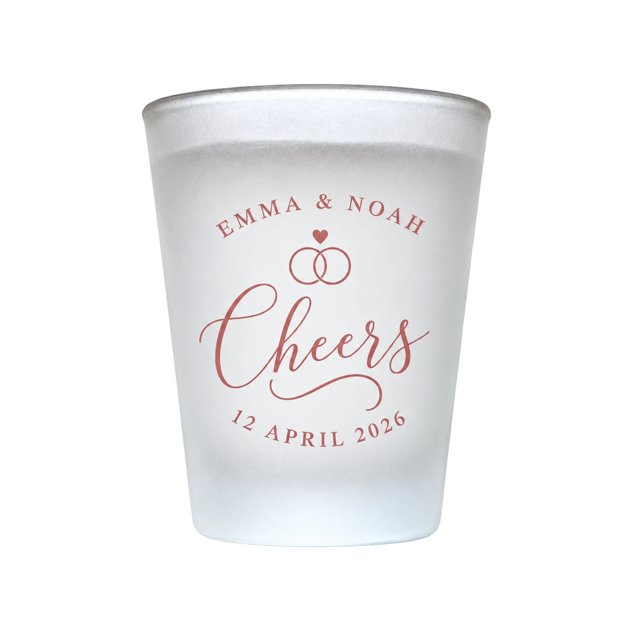 Blush frosted shot glass for Emma and Noah dated 12 April 2026