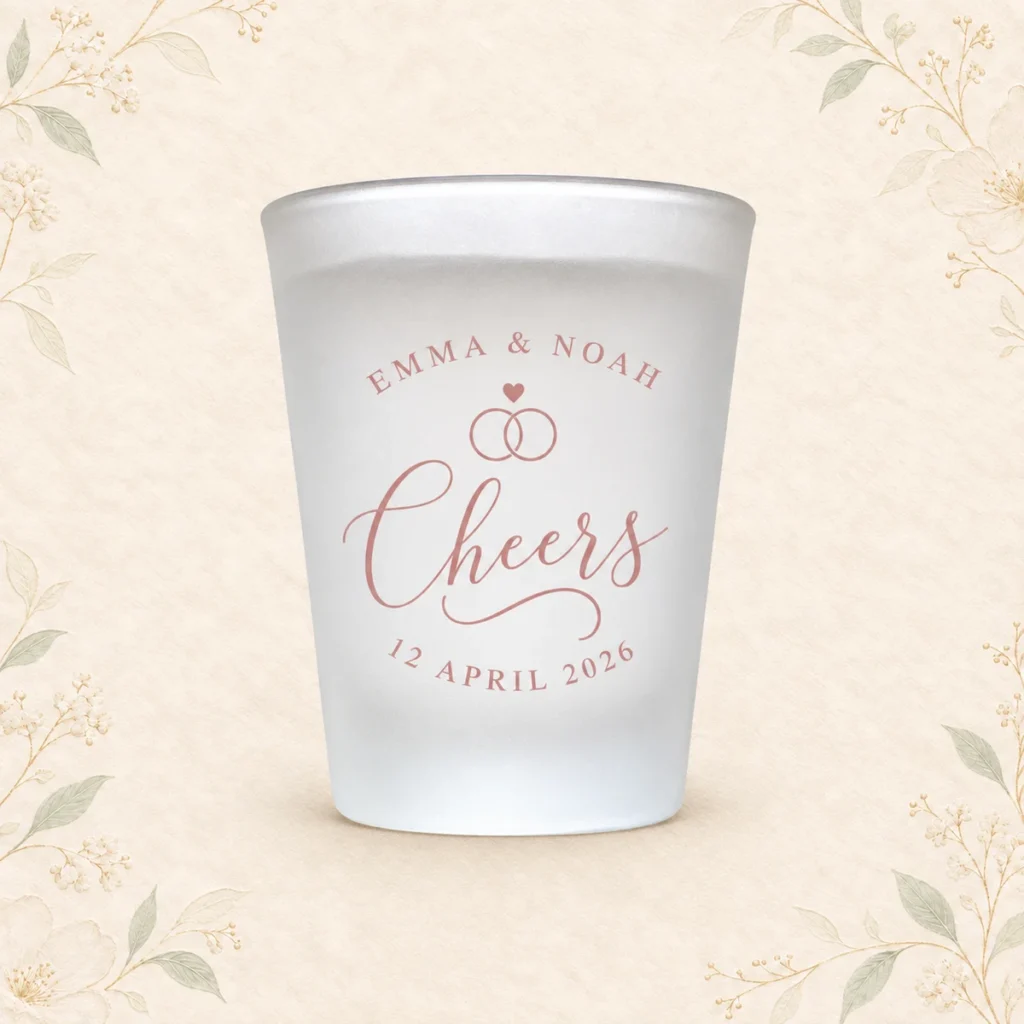 Blush frosted shot glass for Emma and Noah dated 12 April 2026
