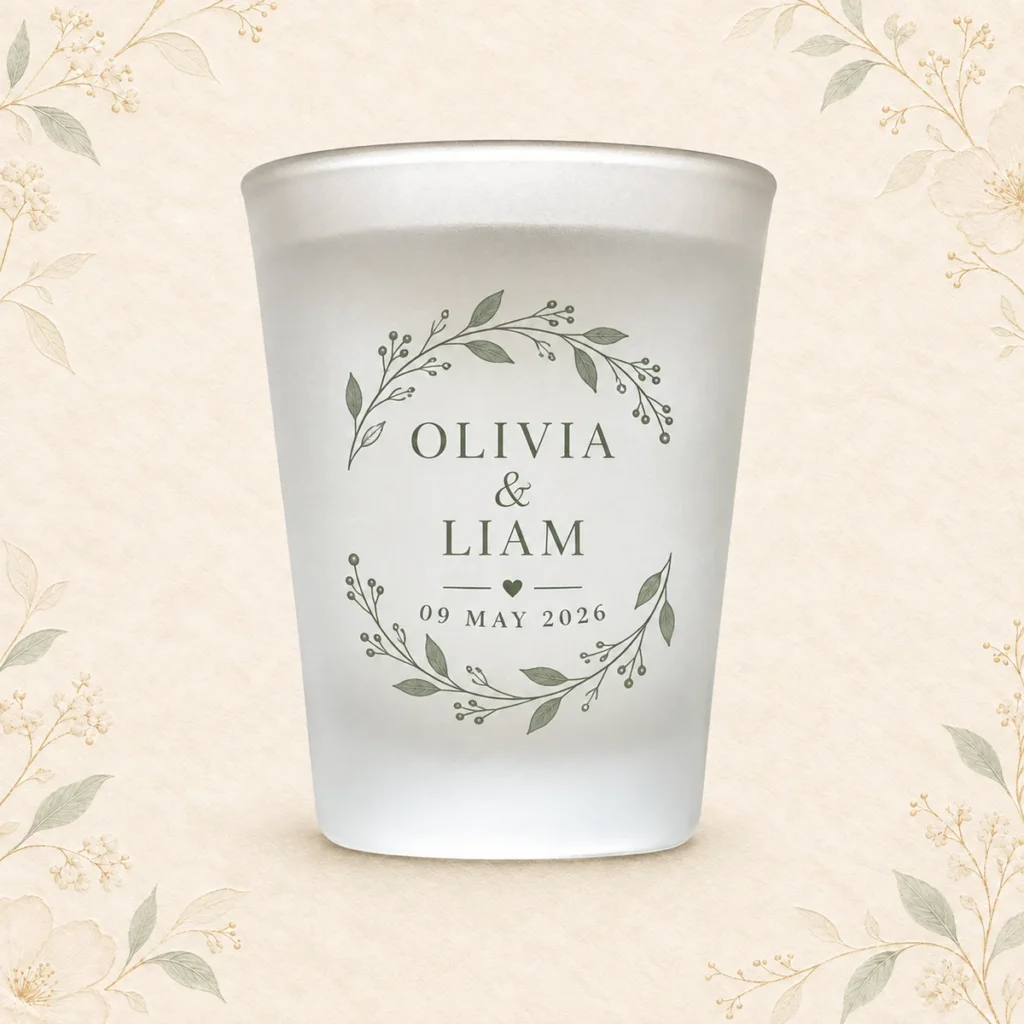 Sage frosted shot glass for Olivia and Liam dated 9 May 2026