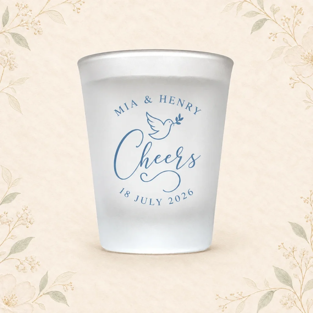 Blue frosted shot glass for Mia and Henry dated 18 July 2026