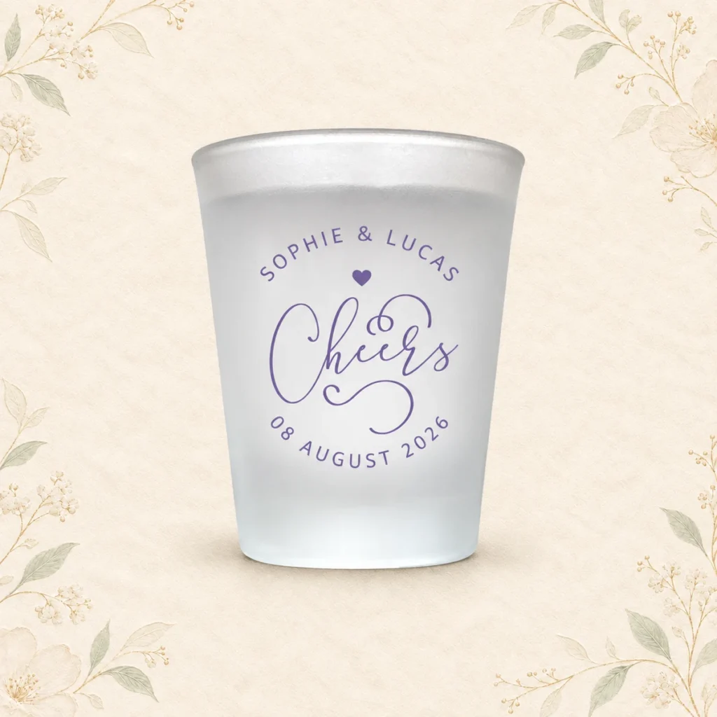 Lavender frosted shot glass for Sophie and Lucas dated 8 August 2026