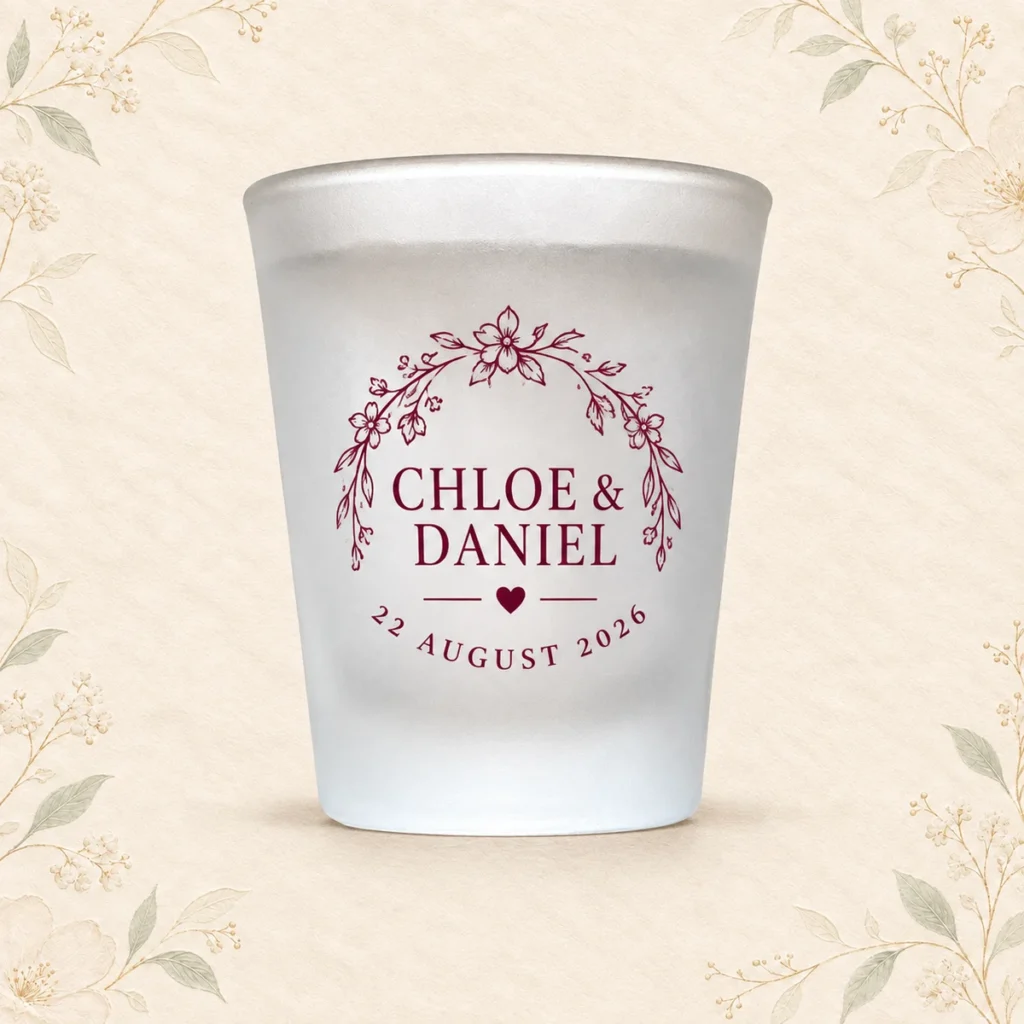Burgundy frosted shot glass for Chloe and Daniel dated 22 August 2026