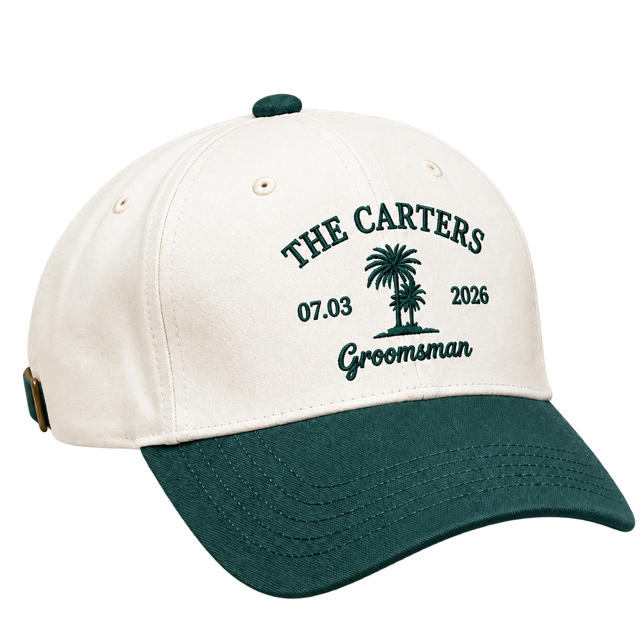 Sage brim groomsman cap for the Carters dated 3 July 2026