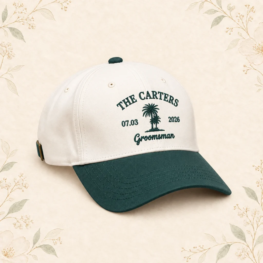 Sage brim groomsman cap for the Carters dated 3 July 2026