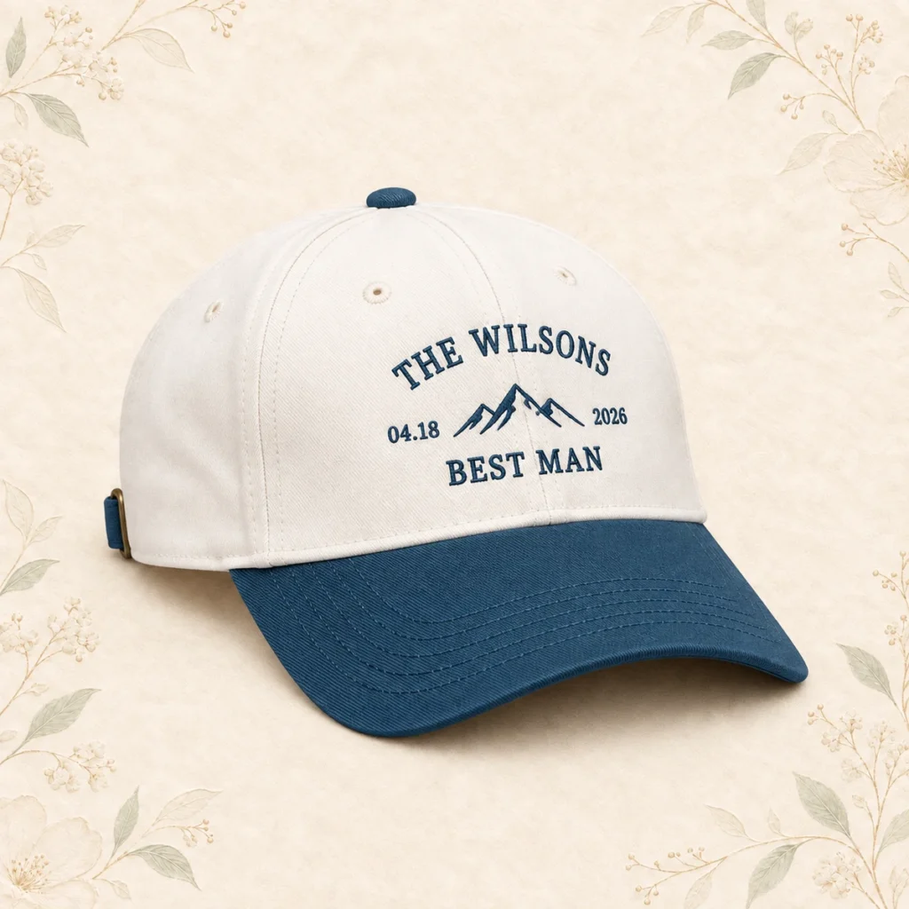 Blue brim best-man cap for the Wilsons dated 18 April 2026