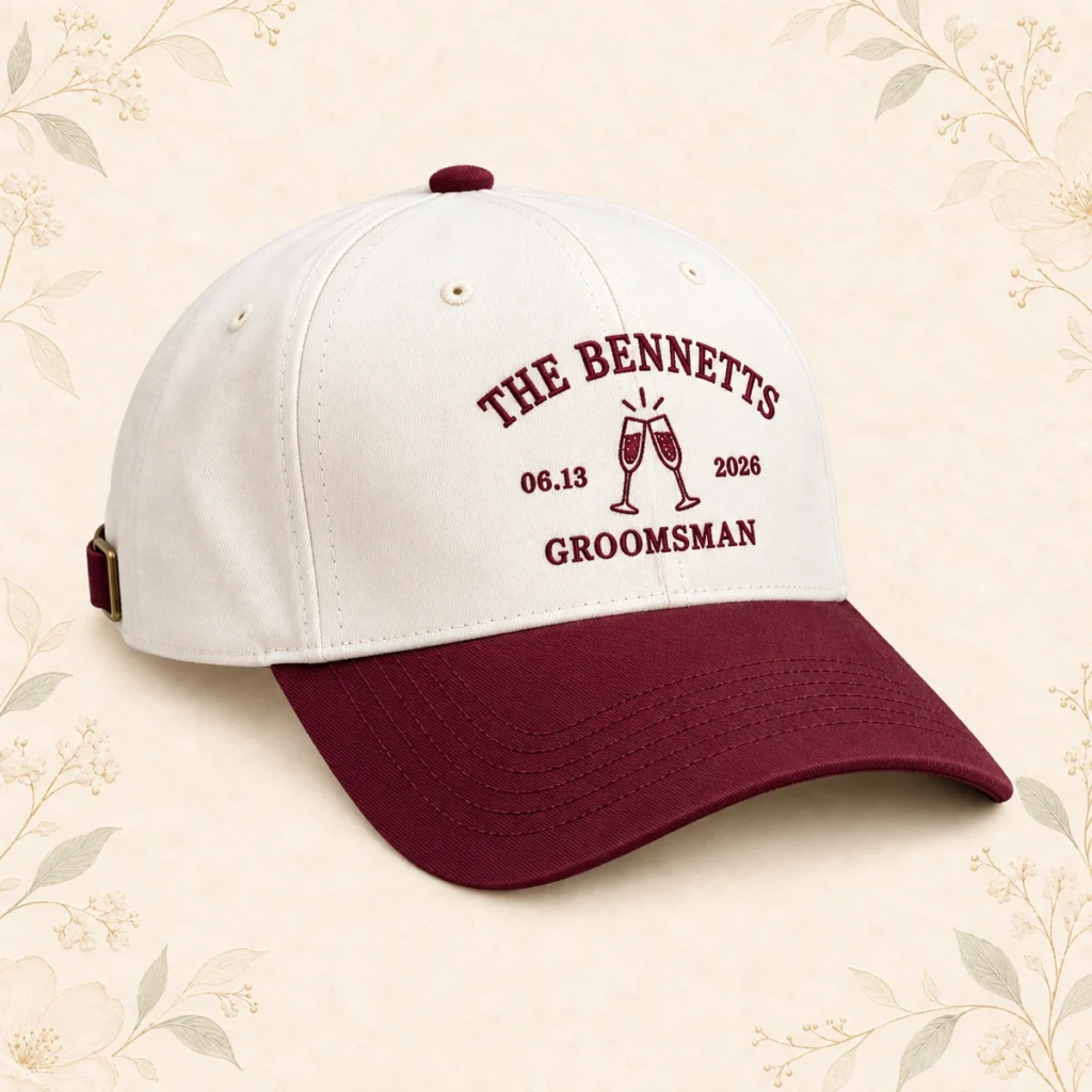 Burgundy brim groomsman cap for the Bennetts dated 13 June 2026
