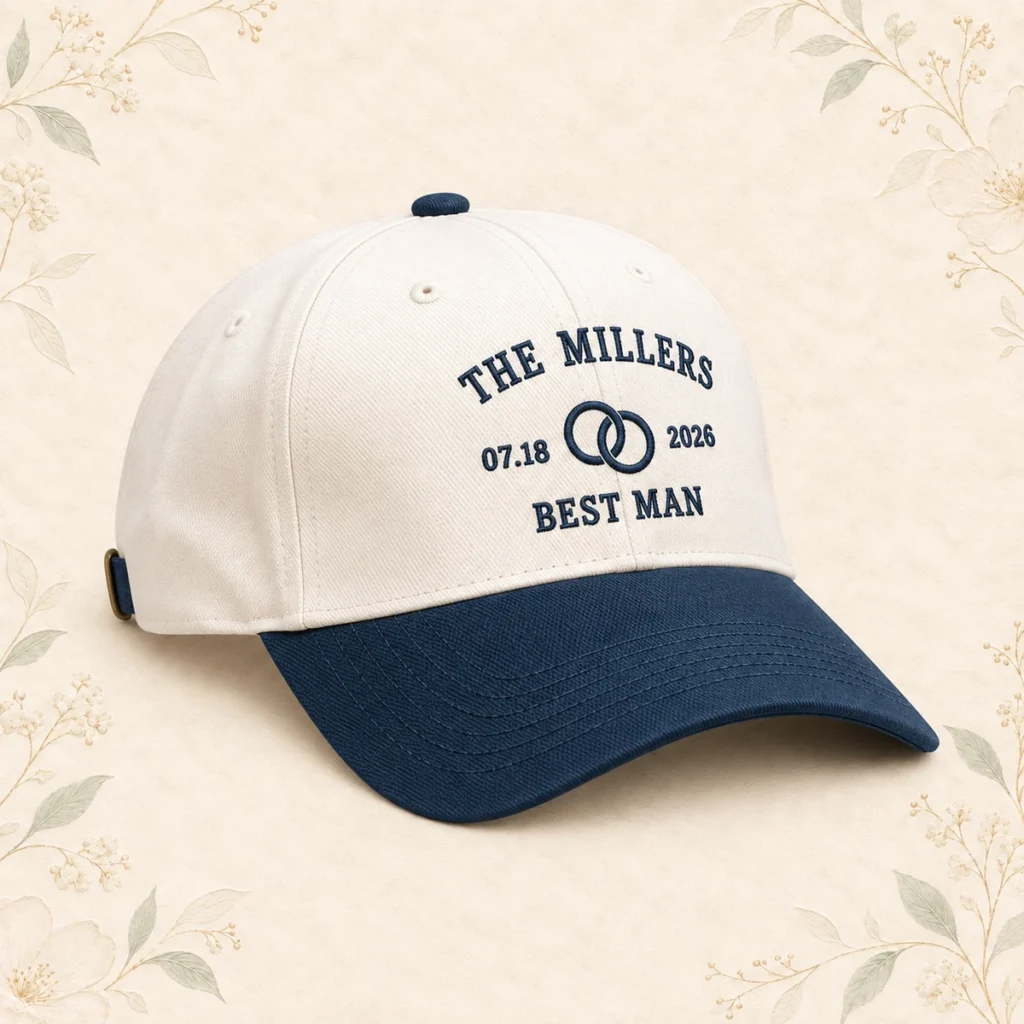 Navy brim best-man cap for the Millers dated 18 July 2026