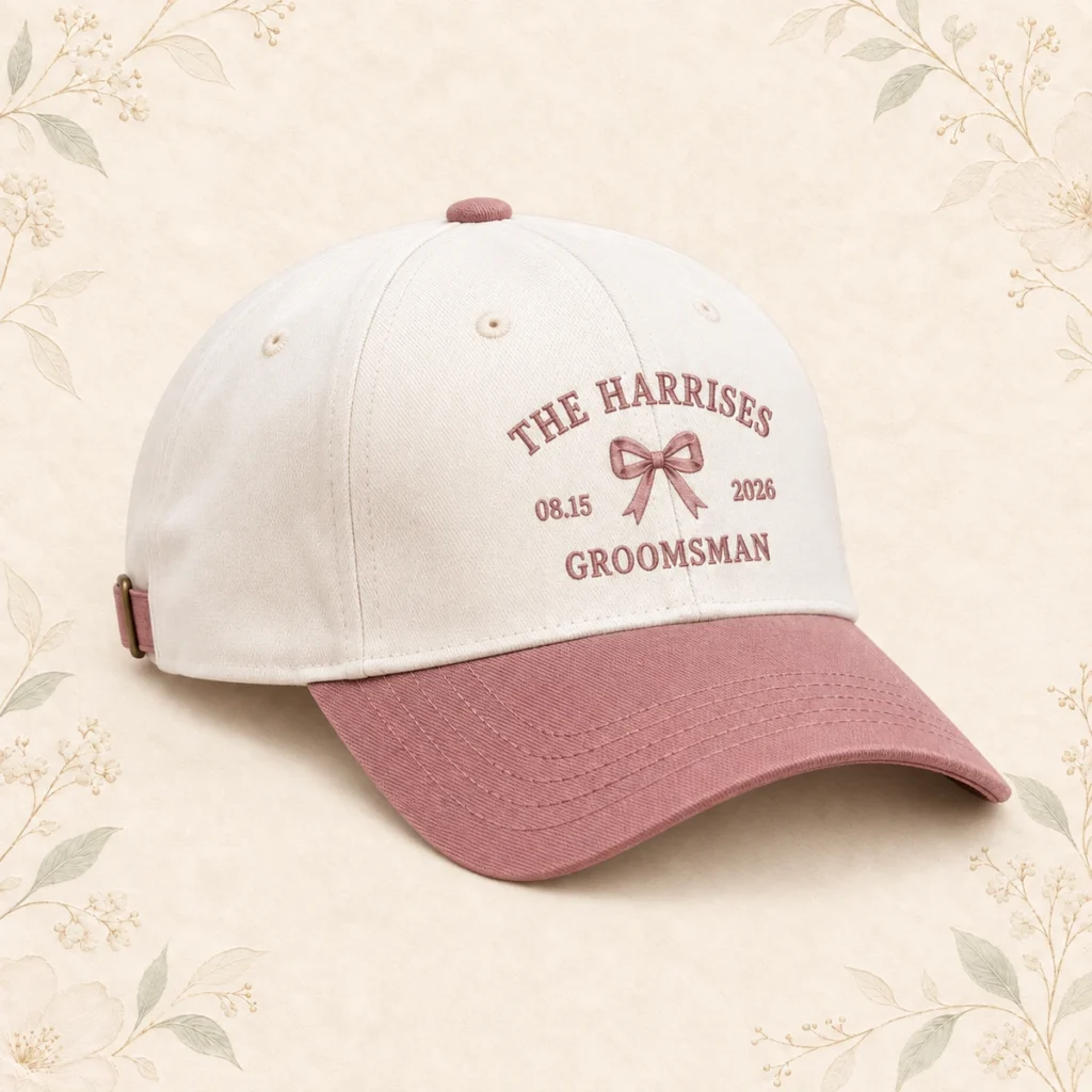 Dusty rose brim groomsman cap for the Harrises dated 15 August 2026