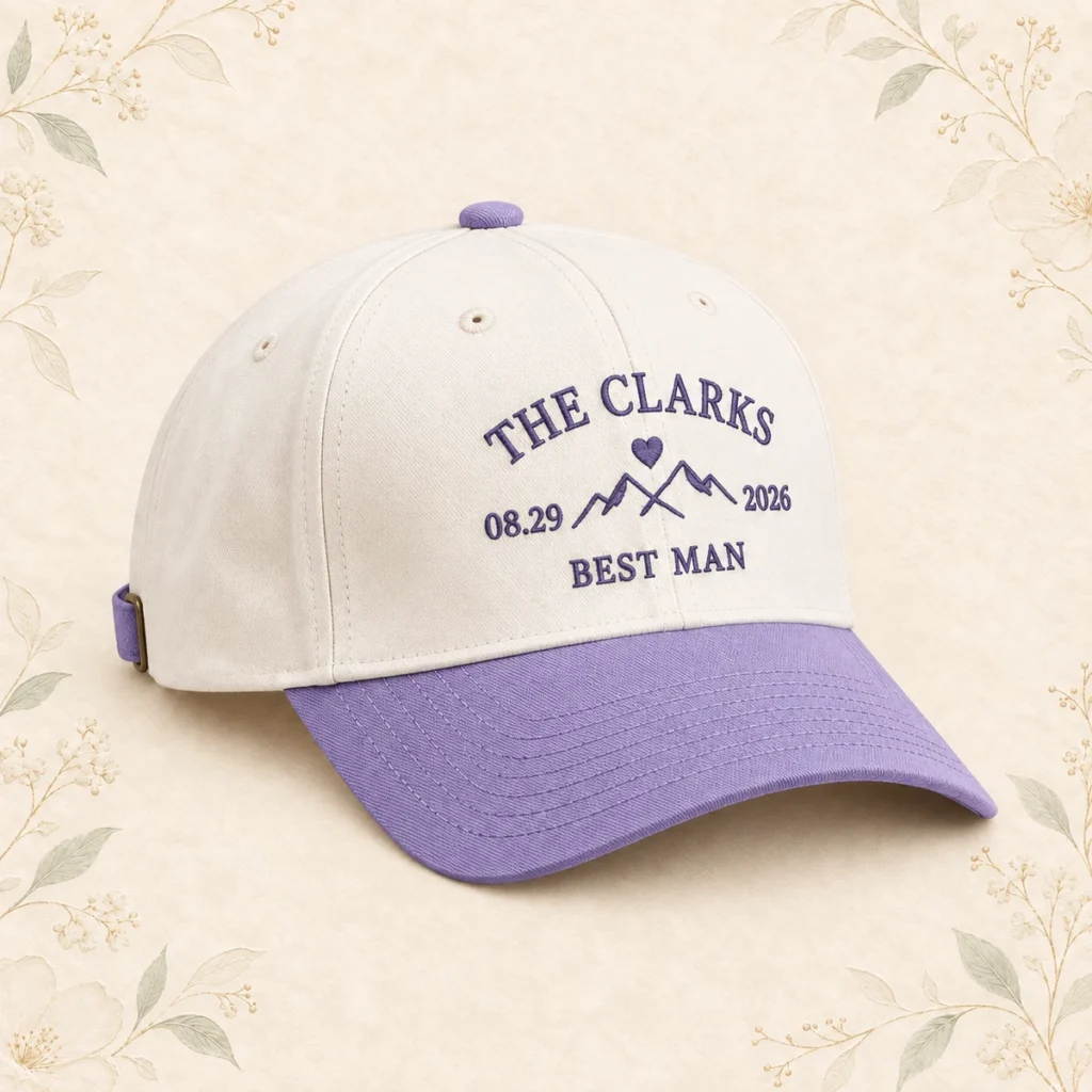 Lavender brim best-man cap for the Clarks dated 29 August 2026