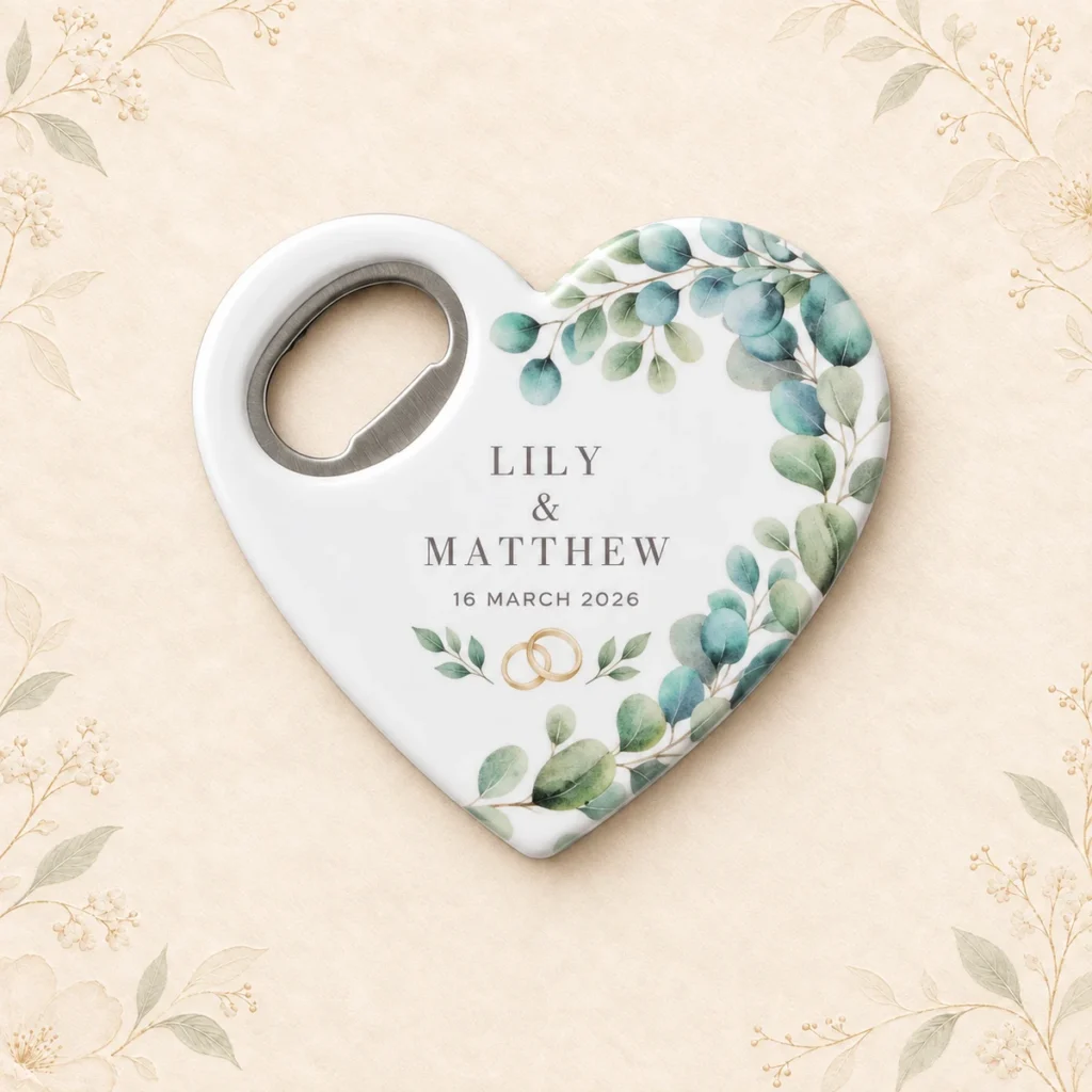 Eucalyptus heart wedding bottle opener magnet personalized for Lily and Matthew