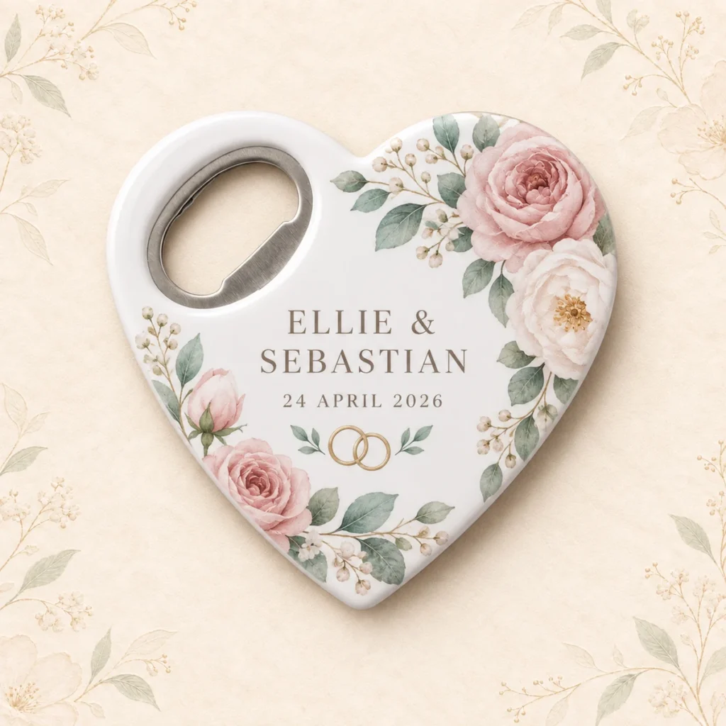 Blush rose heart wedding bottle opener magnet personalized for Ellie and Sebastian
