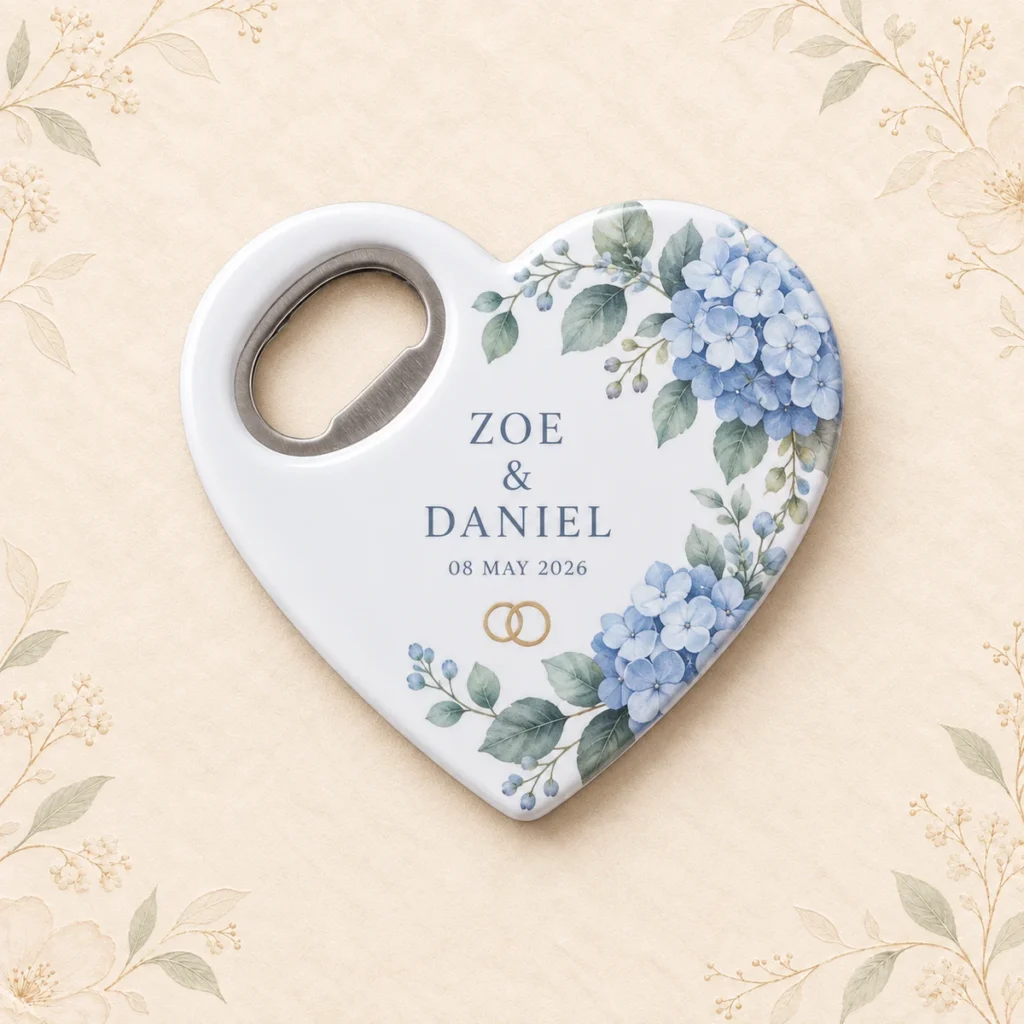 Blue hydrangea heart wedding bottle opener magnet personalized for Zoe and Daniel