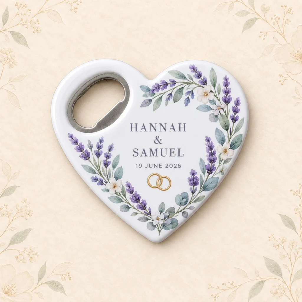 Lavender heart wedding bottle opener magnet personalized for Hannah and Samuel